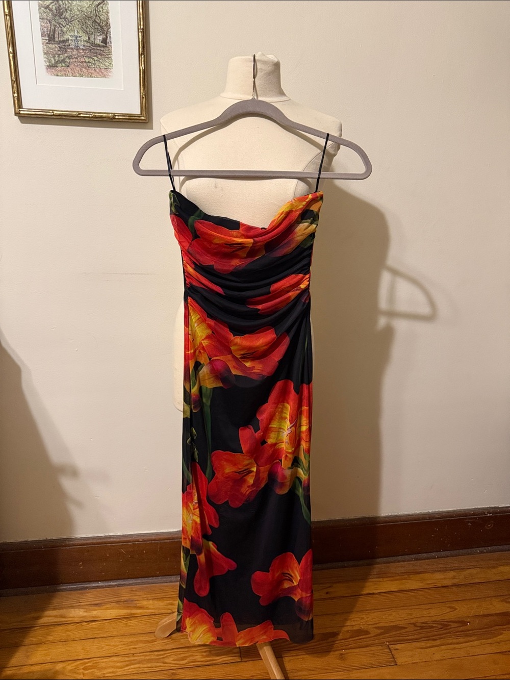 Zara Black Strapless Slip Dress with Red & Orange Floral Print
